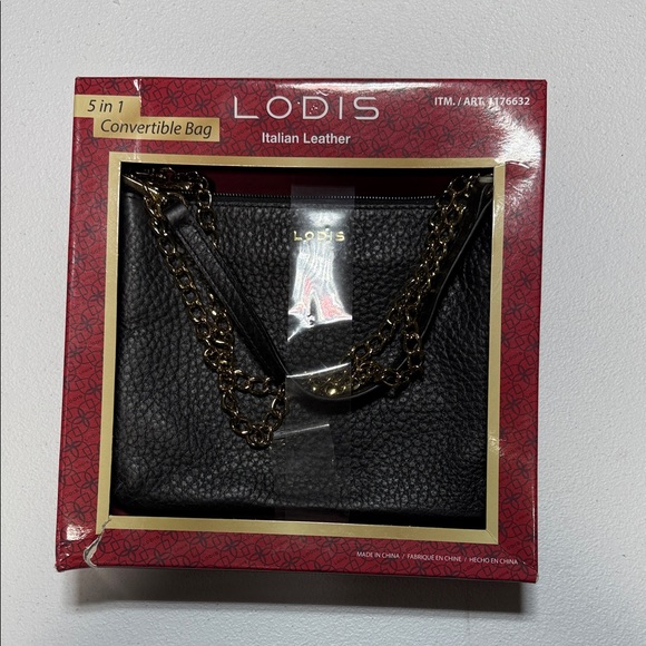 Lodis Black Leather Clutch with Gold Chain - Picture 1 of 11